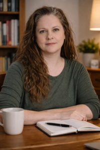 The author in her native environment, surrounded by books, notebooks and a warm beverage